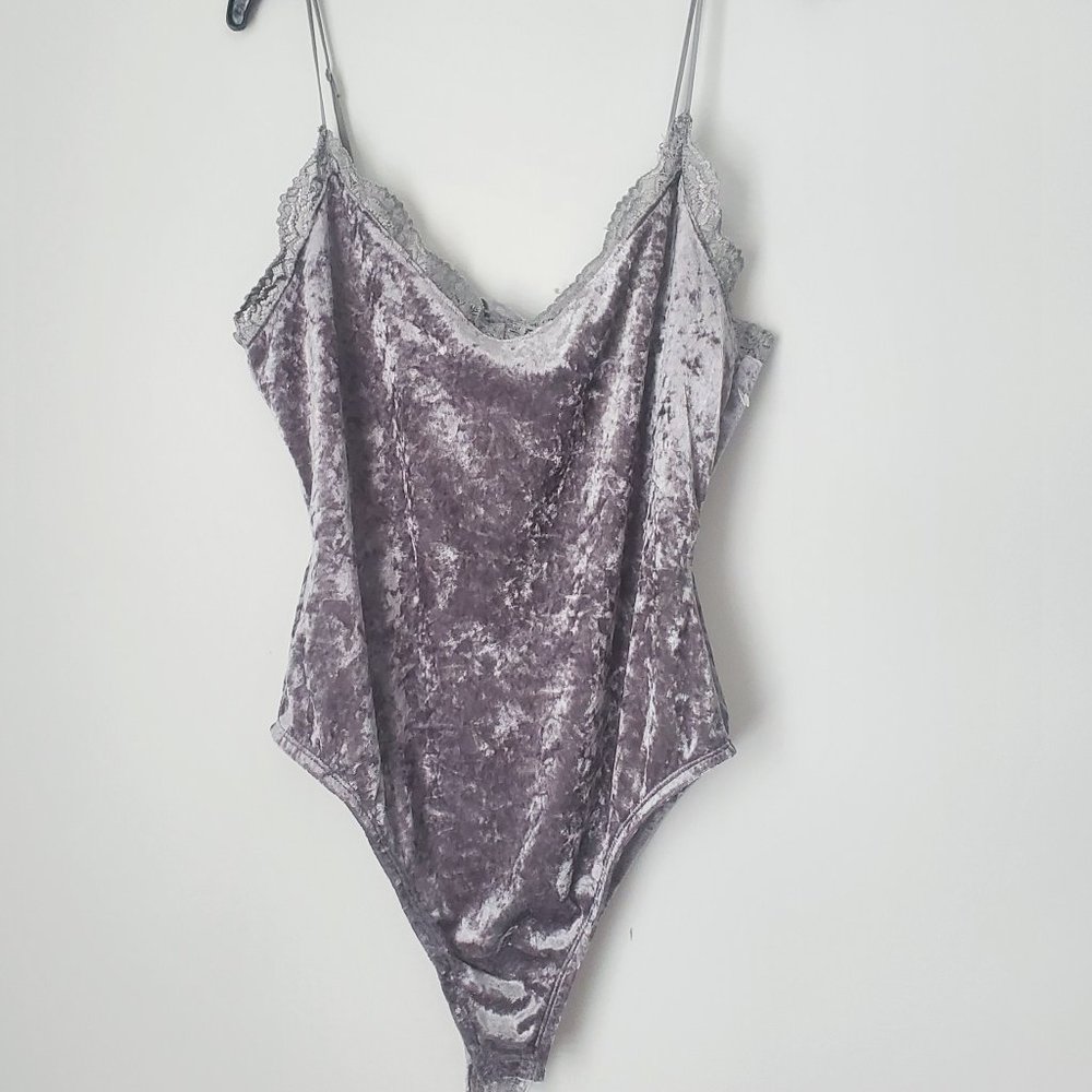 NEW Velour Lace Body Suit Strappy Low Neckline Layering Loungewear Undergarment